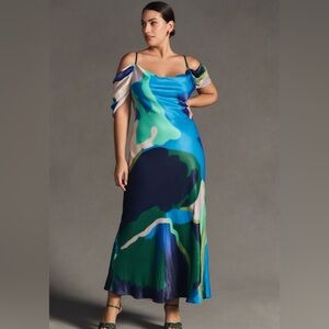 Anthropologie Bl-nk London Maxi Dress Painterly Off-Shoulder Slip Size L Viscose